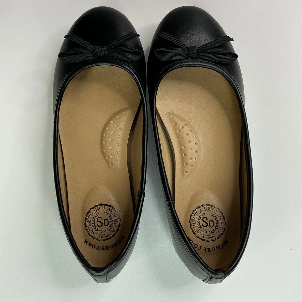 SO Black Ballet Flats Girls Size 1 Memory Foam Bow Detail Classic Dress Shoes